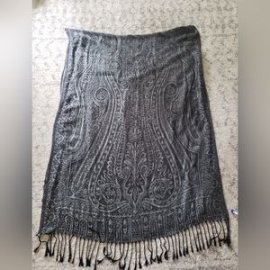 Large Black and Charcoal Gray Paisley Scarf with Tassels